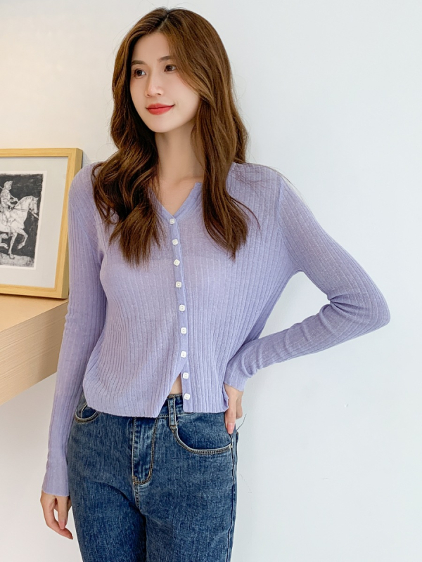 Γυναικεία ζακέτα από λεπτό πλεκτό Tencel-Λινό, V-λαιμός, κλείσιμο με ένα κουμπί, στενή γραμμή, μακριά μανίκια