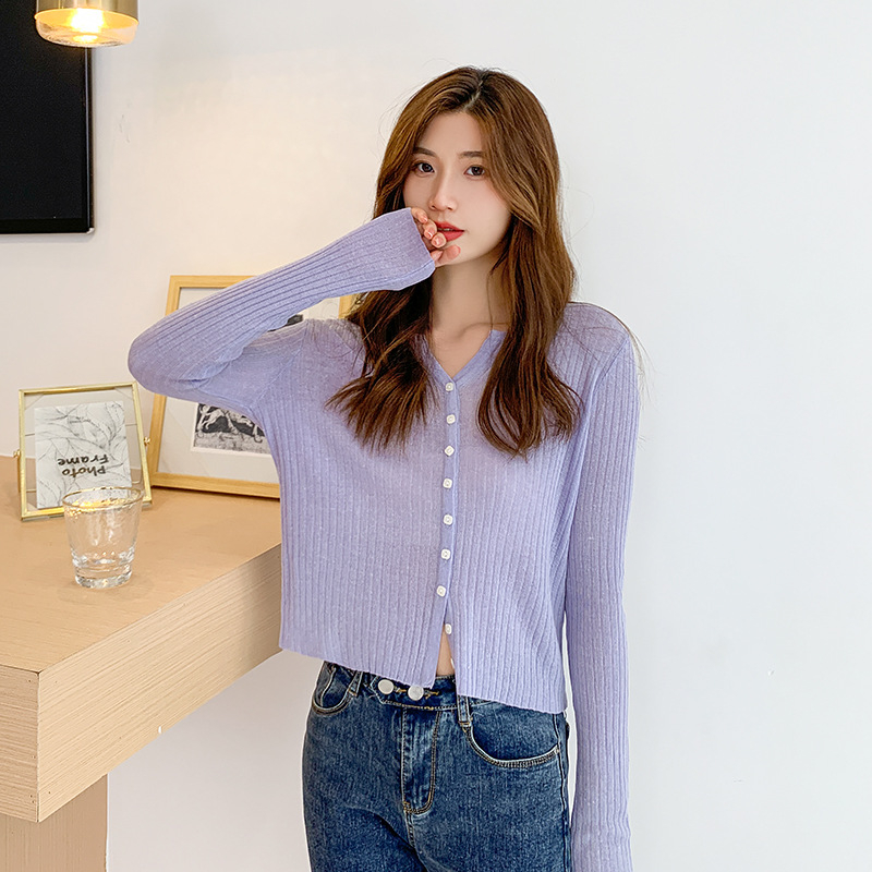 Γυναικεία ζακέτα από λεπτό πλεκτό Tencel-Λινό, V-λαιμός, κλείσιμο με ένα κουμπί, στενή γραμμή, μακριά μανίκια