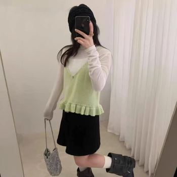 Γυναικείο αμάνικο πλεκτό τοπ από μαλλί-μίγμα, V-λαιμό, φαρδιά γραμμή, μεσαίου μήκους, μονόχρωμο.