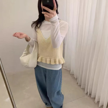 Γυναικείο αμάνικο πλεκτό τοπ από μαλλί-μίγμα, V-λαιμό, φαρδιά γραμμή, μεσαίου μήκους, μονόχρωμο.