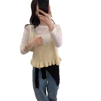 Γυναικείο αμάνικο πλεκτό τοπ από μαλλί-μίγμα, V-λαιμό, φαρδιά γραμμή, μεσαίου μήκους, μονόχρωμο.