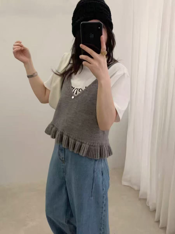 Γυναικείο αμάνικο πλεκτό τοπ από μαλλί-μίγμα, V-λαιμό, φαρδιά γραμμή, μεσαίου μήκους, μονόχρωμο.