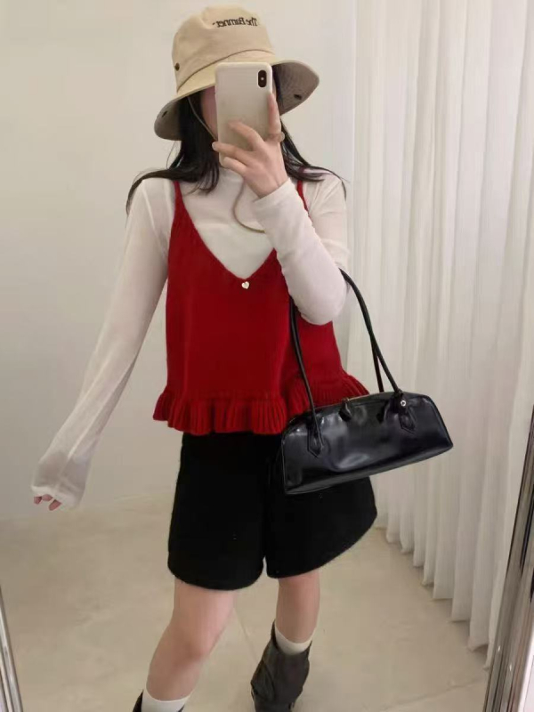 Γυναικείο αμάνικο πλεκτό τοπ από μαλλί-μίγμα, V-λαιμό, φαρδιά γραμμή, μεσαίου μήκους, μονόχρωμο.