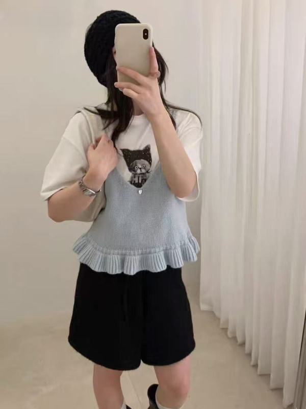 Γυναικείο αμάνικο πλεκτό τοπ από μαλλί-μίγμα, V-λαιμό, φαρδιά γραμμή, μεσαίου μήκους, μονόχρωμο.