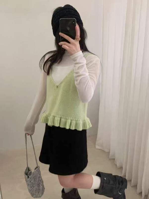 Γυναικείο αμάνικο πλεκτό τοπ από μαλλί-μίγμα, V-λαιμό, φαρδιά γραμμή, μεσαίου μήκους, μονόχρωμο.