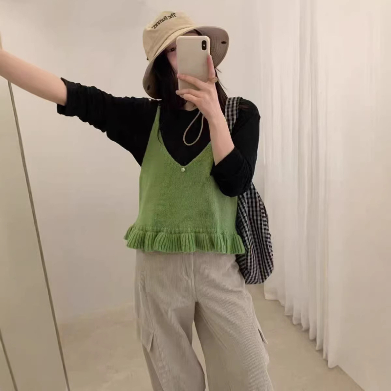 Γυναικείο αμάνικο πλεκτό τοπ από μαλλί-μίγμα, V-λαιμό, φαρδιά γραμμή, μεσαίου μήκους, μονόχρωμο.