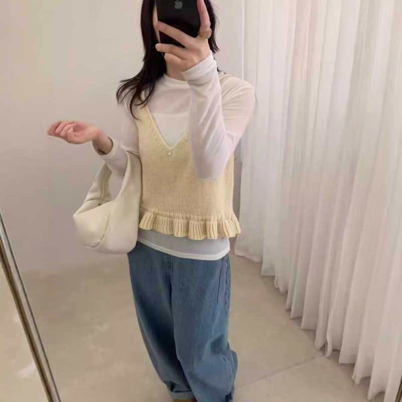 Γυναικείο αμάνικο πλεκτό τοπ από μαλλί-μίγμα, V-λαιμό, φαρδιά γραμμή, μεσαίου μήκους, μονόχρωμο.