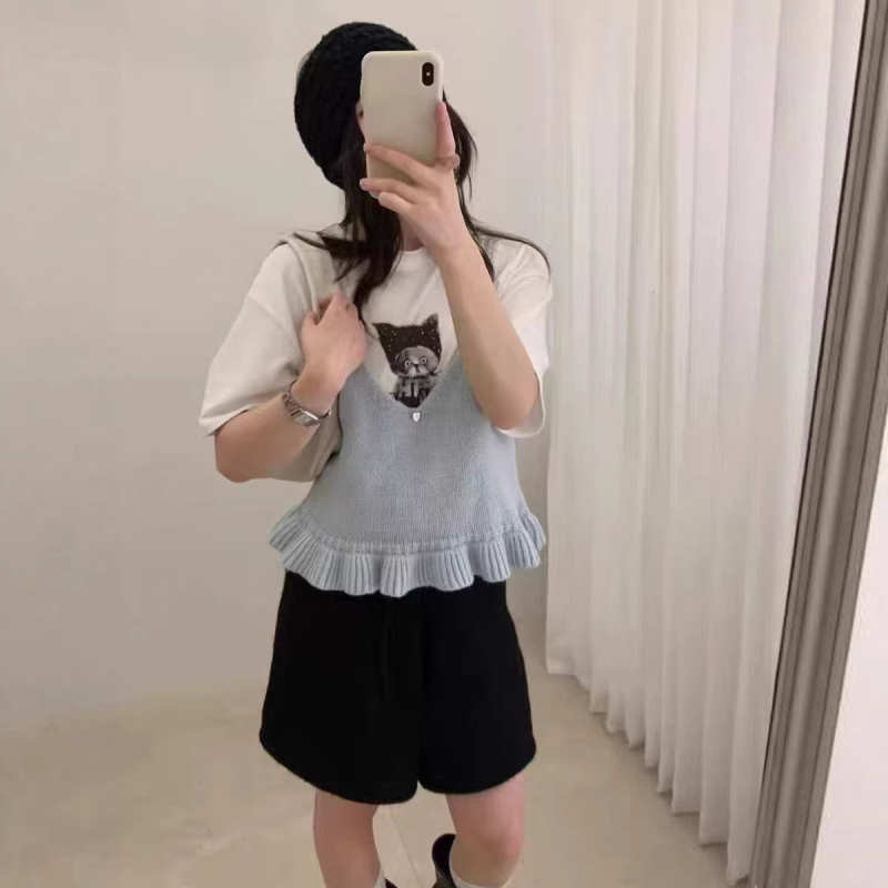 Γυναικείο αμάνικο πλεκτό τοπ από μαλλί-μίγμα, V-λαιμό, φαρδιά γραμμή, μεσαίου μήκους, μονόχρωμο.