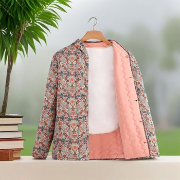 Jachetă de exterior damă, guler polo, croială lejeră, lungime medie (65-80 cm), umplutură din mătase-pamuc