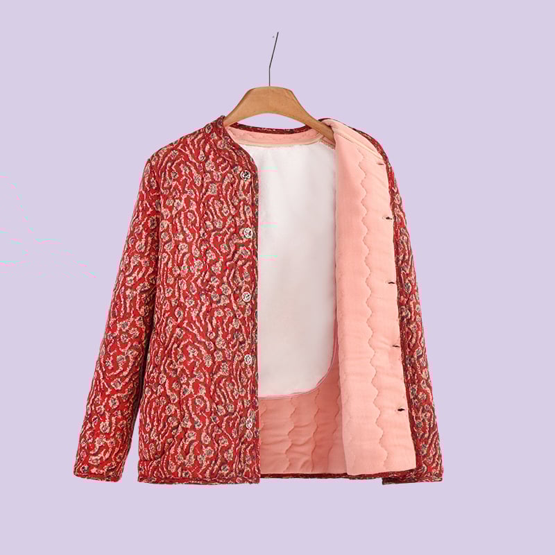 Jachetă de exterior damă, guler polo, croială lejeră, lungime medie (65-80 cm), umplutură din mătase-pamuc