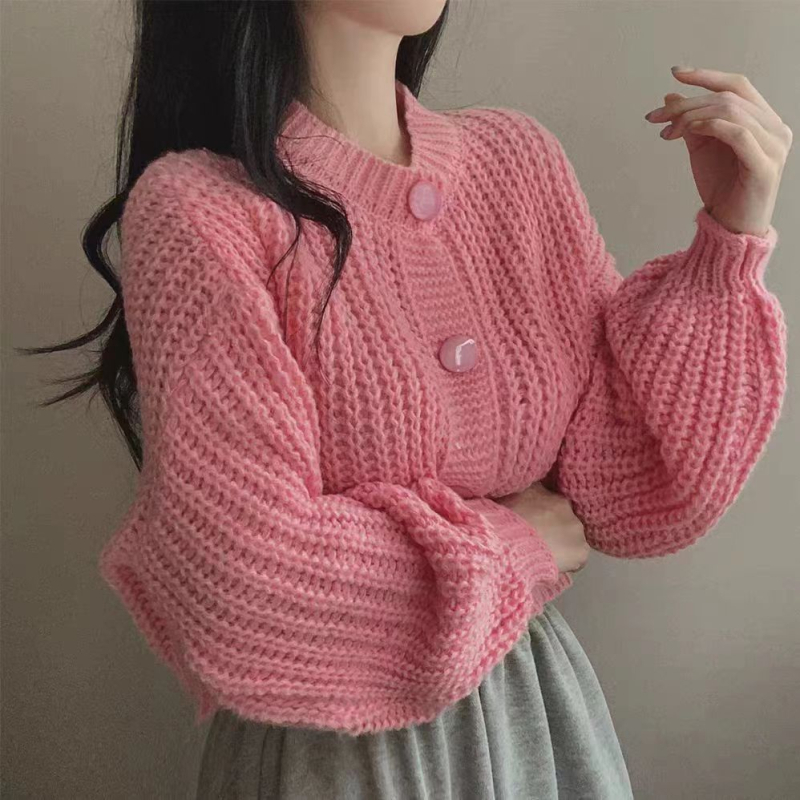 Χαλαρό γυναικείο cardigan πουλόβερ από πολυεστερικό πλέξιμο, μονόχρωμο, φαρδιά γραμμή, μακριά μανίκια, μήκος 50–65 cm