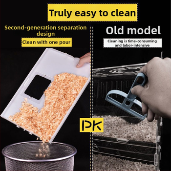 Klietka pre hamstera s tanierovou konštrukciou, plastová konštrukcia, vhodná do interiéru, štvorcový tvar, minimalistický dizajn (hamster; plast; interiér; štvorcový; minimalistický)