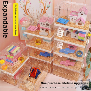 Klietka pre hamstera s tanierovou konštrukciou, plastová konštrukcia, vhodná do interiéru, štvorcový tvar, minimalistický dizajn (hamster; plast; interiér; štvorcový; minimalistický)