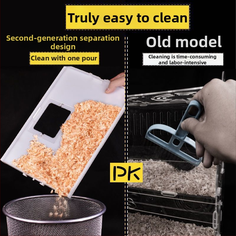 Klietka pre hamstera s tanierovou konštrukciou, plastová konštrukcia, vhodná do interiéru, štvorcový tvar, minimalistický dizajn (hamster; plast; interiér; štvorcový; minimalistický)