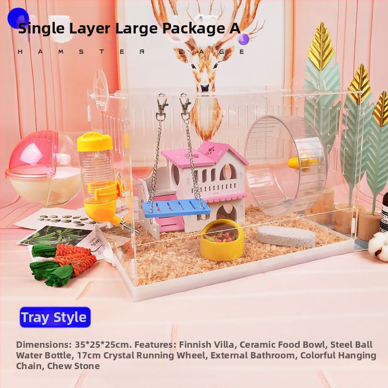 Klietka pre hamstera s tanierovou konštrukciou, plastová konštrukcia, vhodná do interiéru, štvorcový tvar, minimalistický dizajn (hamster; plast; interiér; štvorcový; minimalistický)