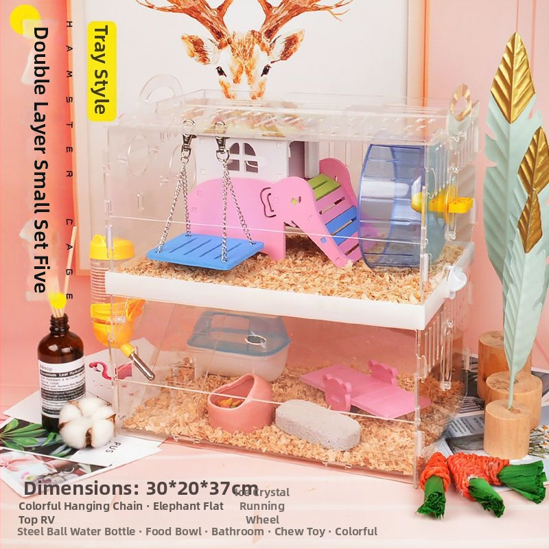 Klietka pre hamstera s tanierovou konštrukciou, plastová konštrukcia, vhodná do interiéru, štvorcový tvar, minimalistický dizajn (hamster; plast; interiér; štvorcový; minimalistický)