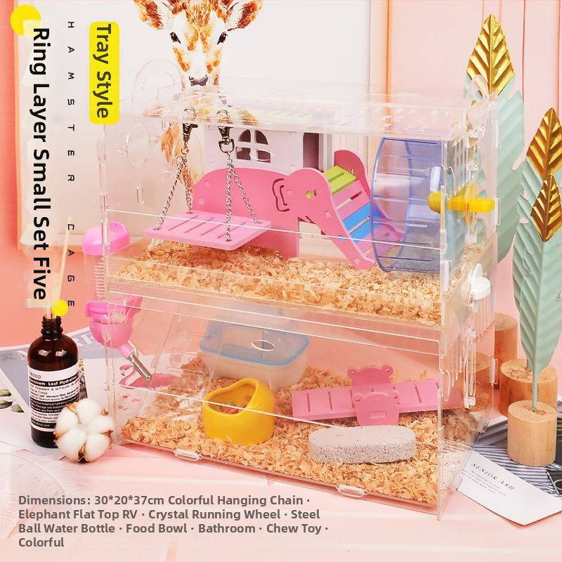 Klietka pre hamstera s tanierovou konštrukciou, plastová konštrukcia, vhodná do interiéru, štvorcový tvar, minimalistický dizajn (hamster; plast; interiér; štvorcový; minimalistický)