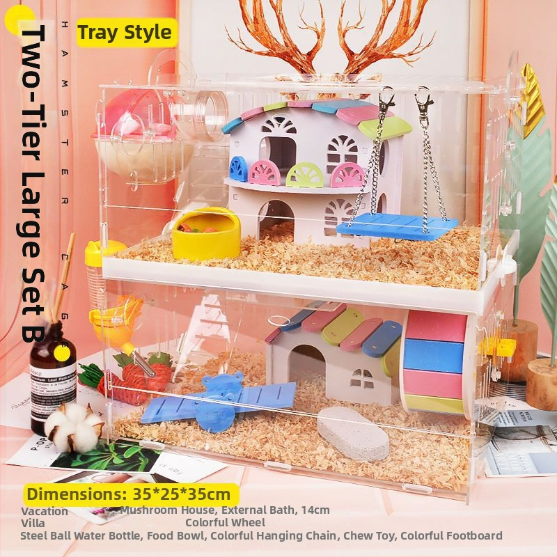 Klietka pre hamstera s tanierovou konštrukciou, plastová konštrukcia, vhodná do interiéru, štvorcový tvar, minimalistický dizajn (hamster; plast; interiér; štvorcový; minimalistický)