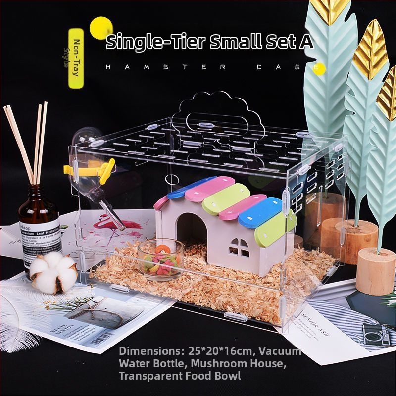 Klietka pre hamstera s tanierovou konštrukciou, plastová konštrukcia, vhodná do interiéru, štvorcový tvar, minimalistický dizajn (hamster; plast; interiér; štvorcový; minimalistický)