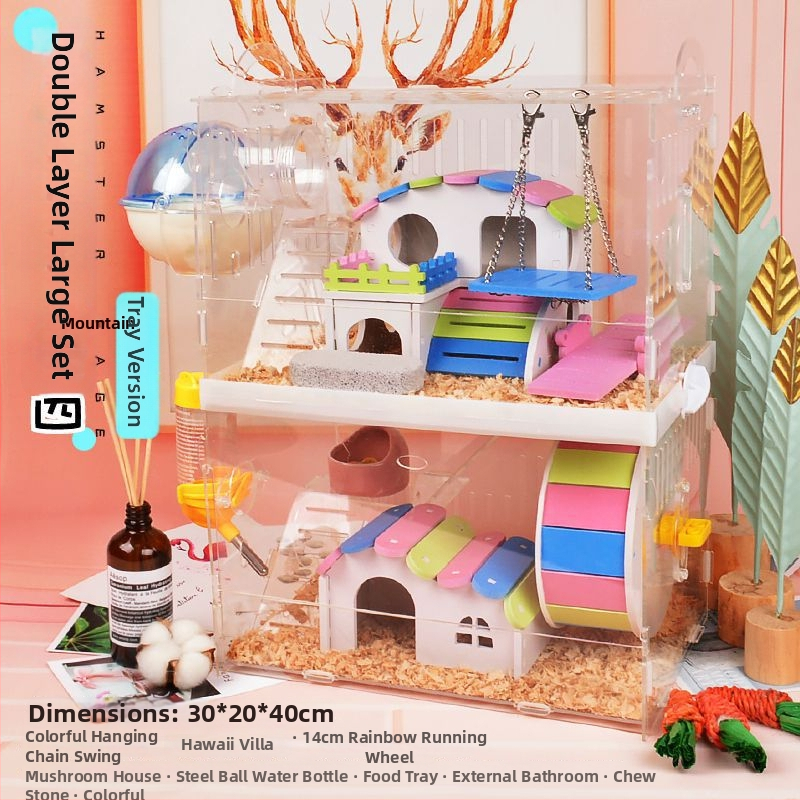 Klietka pre hamstera s tanierovou konštrukciou, plastová konštrukcia, vhodná do interiéru, štvorcový tvar, minimalistický dizajn (hamster; plast; interiér; štvorcový; minimalistický)