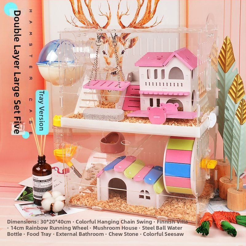 Klietka pre hamstera s tanierovou konštrukciou, plastová konštrukcia, vhodná do interiéru, štvorcový tvar, minimalistický dizajn (hamster; plast; interiér; štvorcový; minimalistický)