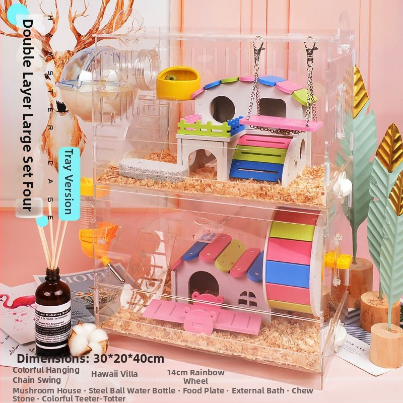 Klietka pre hamstera s tanierovou konštrukciou, plastová konštrukcia, vhodná do interiéru, štvorcový tvar, minimalistický dizajn (hamster; plast; interiér; štvorcový; minimalistický)