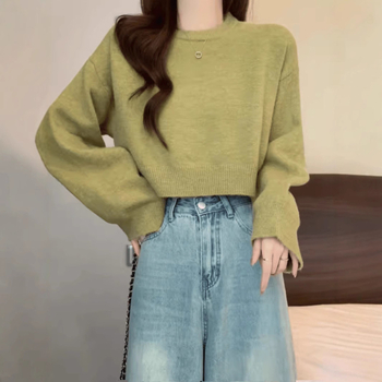 Πλεκτό πουλόβερ σε φαρδιά γραμμή, μείγμα μαλλιού προβάτου και ακρυλικό, μονόχρωμο, στρογγυλή λαιμόκοψη, ιαπωνο-κορεατικό casual στυλ