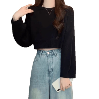 Πλεκτό πουλόβερ σε φαρδιά γραμμή, μείγμα μαλλιού προβάτου και ακρυλικό, μονόχρωμο, στρογγυλή λαιμόκοψη, ιαπωνο-κορεατικό casual στυλ