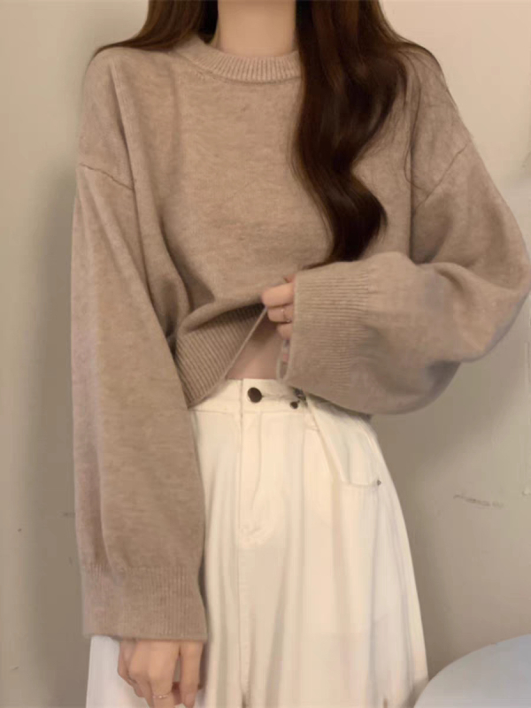Πλεκτό πουλόβερ σε φαρδιά γραμμή, μείγμα μαλλιού προβάτου και ακρυλικό, μονόχρωμο, στρογγυλή λαιμόκοψη, ιαπωνο-κορεατικό casual στυλ