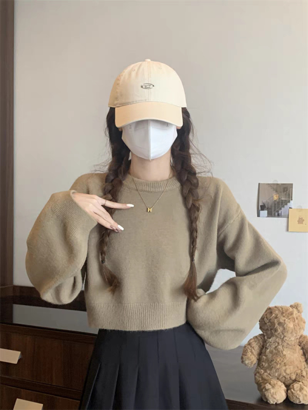 Πλεκτό πουλόβερ σε φαρδιά γραμμή, μείγμα μαλλιού προβάτου και ακρυλικό, μονόχρωμο, στρογγυλή λαιμόκοψη, ιαπωνο-κορεατικό casual στυλ