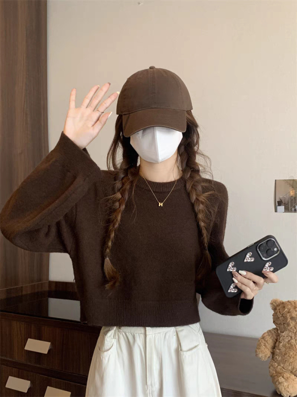 Πλεκτό πουλόβερ σε φαρδιά γραμμή, μείγμα μαλλιού προβάτου και ακρυλικό, μονόχρωμο, στρογγυλή λαιμόκοψη, ιαπωνο-κορεατικό casual στυλ