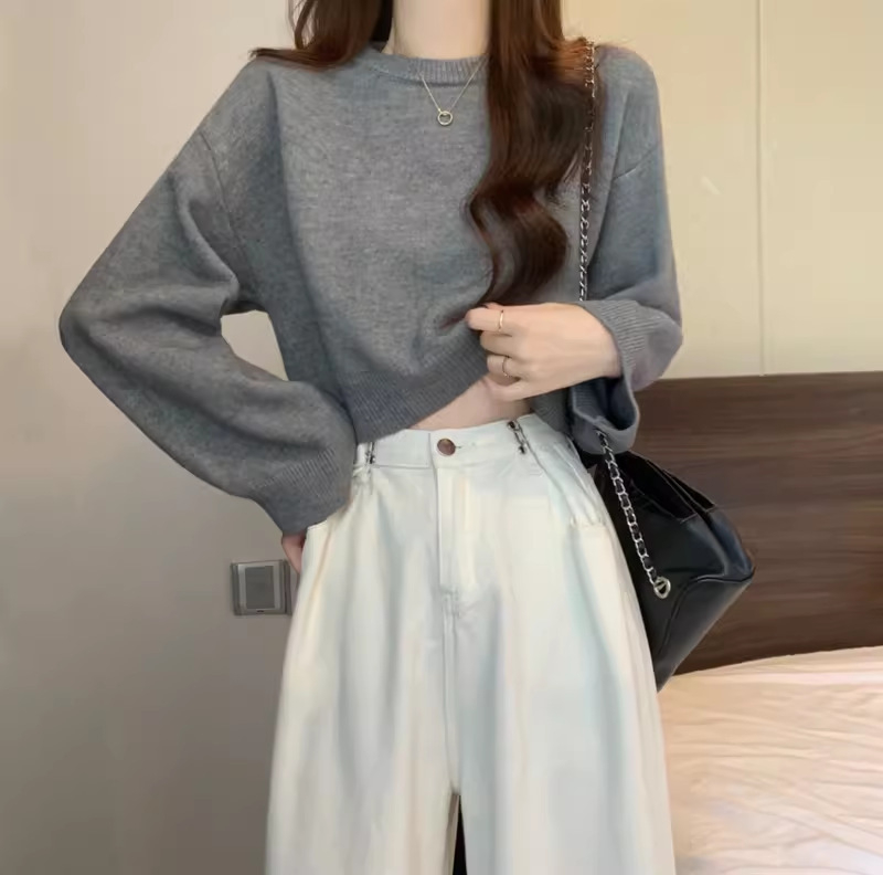 Πλεκτό πουλόβερ σε φαρδιά γραμμή, μείγμα μαλλιού προβάτου και ακρυλικό, μονόχρωμο, στρογγυλή λαιμόκοψη, ιαπωνο-κορεατικό casual στυλ