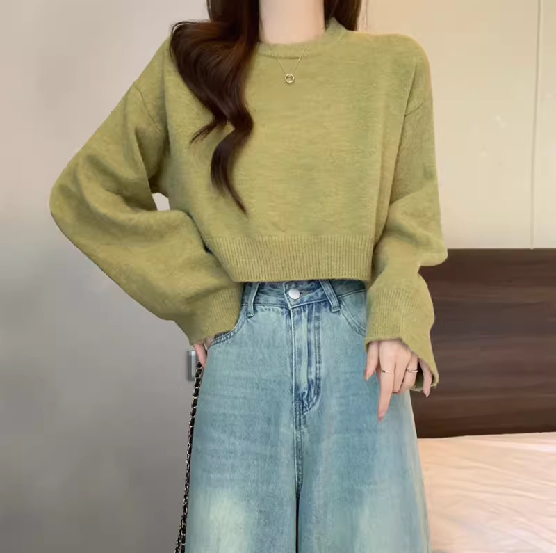 Πλεκτό πουλόβερ σε φαρδιά γραμμή, μείγμα μαλλιού προβάτου και ακρυλικό, μονόχρωμο, στρογγυλή λαιμόκοψη, ιαπωνο-κορεατικό casual στυλ