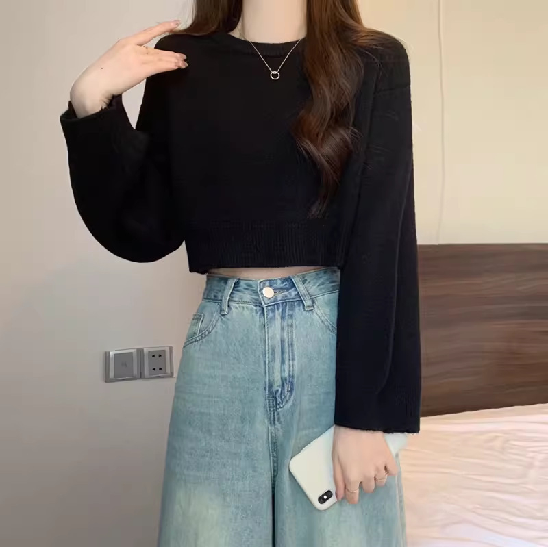 Πλεκτό πουλόβερ σε φαρδιά γραμμή, μείγμα μαλλιού προβάτου και ακρυλικό, μονόχρωμο, στρογγυλή λαιμόκοψη, ιαπωνο-κορεατικό casual στυλ