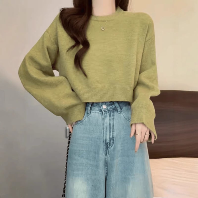 Πλεκτό πουλόβερ σε φαρδιά γραμμή, μείγμα μαλλιού προβάτου και ακρυλικό, μονόχρωμο, στρογγυλή λαιμόκοψη, ιαπωνο-κορεατικό casual στυλ