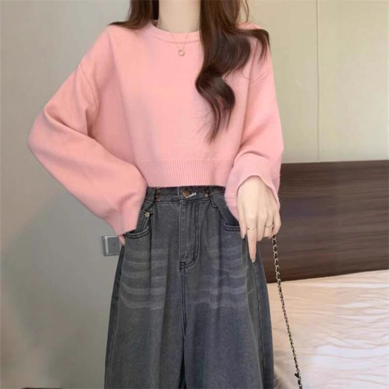 Πλεκτό πουλόβερ σε φαρδιά γραμμή, μείγμα μαλλιού προβάτου και ακρυλικό, μονόχρωμο, στρογγυλή λαιμόκοψη, ιαπωνο-κορεατικό casual στυλ