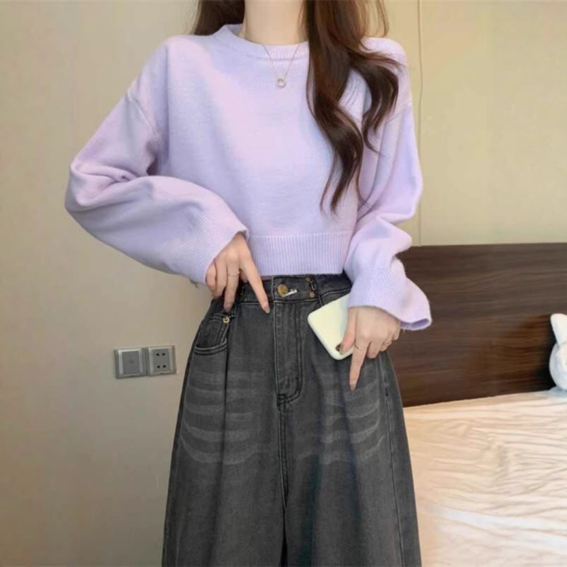 Πλεκτό πουλόβερ σε φαρδιά γραμμή, μείγμα μαλλιού προβάτου και ακρυλικό, μονόχρωμο, στρογγυλή λαιμόκοψη, ιαπωνο-κορεατικό casual στυλ