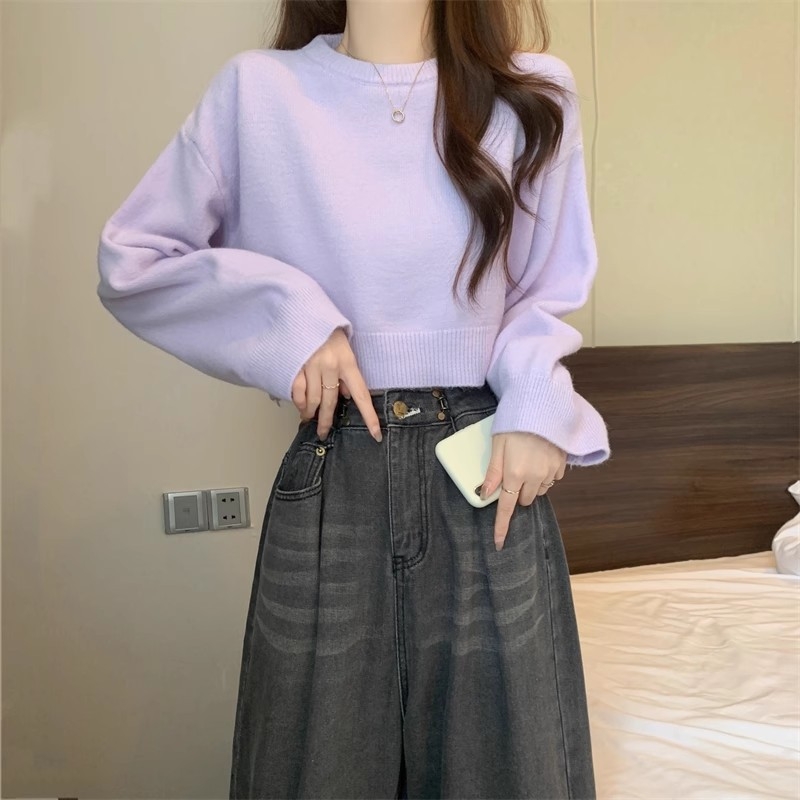 Πλεκτό πουλόβερ σε φαρδιά γραμμή, μείγμα μαλλιού προβάτου και ακρυλικό, μονόχρωμο, στρογγυλή λαιμόκοψη, ιαπωνο-κορεατικό casual στυλ