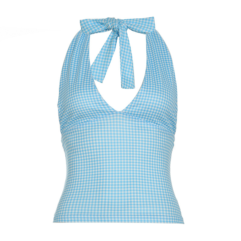 Halter nyakú karcsú fazonú top kötött anyagból, hullám mintás pöttyös, poliészter 95% + spandex <30%, nagyon rövid hosszúság