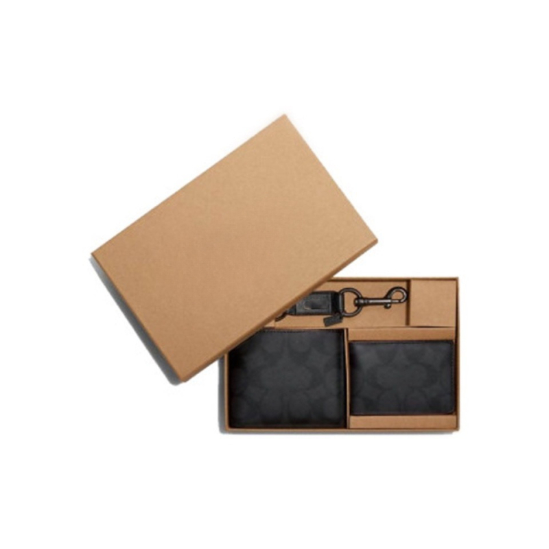 Σετ πορτοφόλι και αξεσουάρ από PVC με ανάγλυφη υφή δέρματος, 1‑πτυχή πορτοφόλι, αστικός μινιμαλιστικός στυλ, μοτίβο γραμμάτων, περιλαμβάνει θήκη καρτών και κρίκο κλειδιών