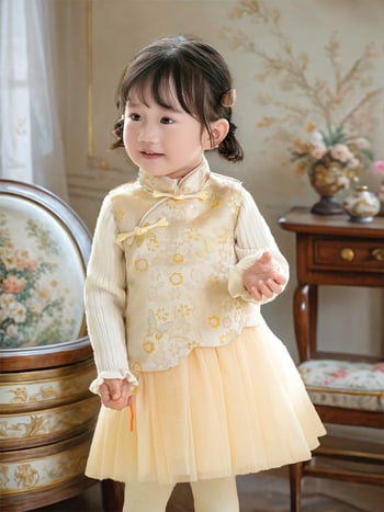 Φόρεμα κοριτσιών σε κινεζικό στιλ χωρίς μανίκια, σατέν ύφασμα, Α-γραμμή φούστα, μοτίβο με γράμματα και πουά, επένδυση 100% βαμβάκι