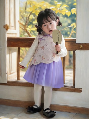 Φόρεμα κοριτσιών σε κινεζικό στιλ χωρίς μανίκια, σατέν ύφασμα, Α-γραμμή φούστα, μοτίβο με γράμματα και πουά, επένδυση 100% βαμβάκι