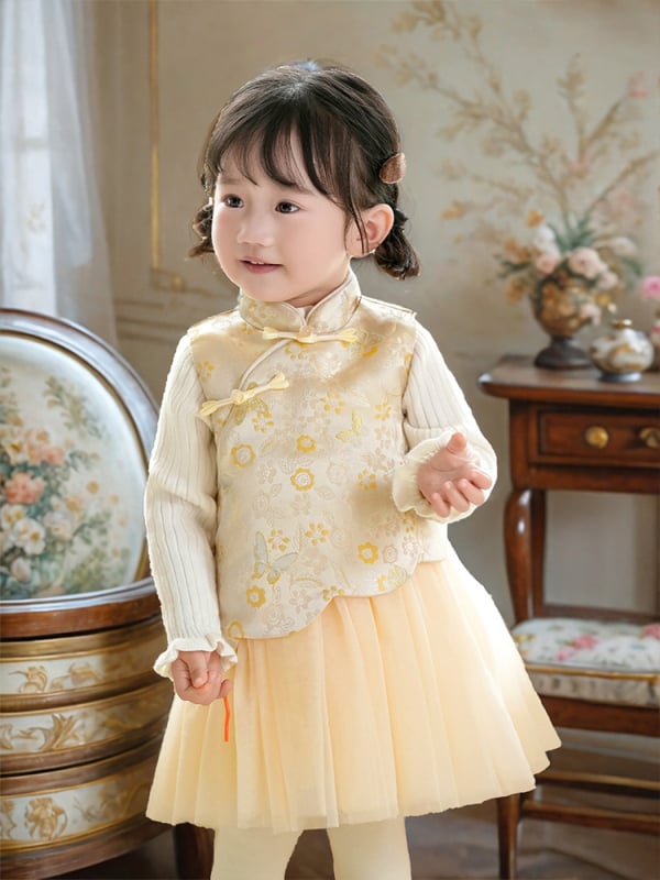 Φόρεμα κοριτσιών σε κινεζικό στιλ χωρίς μανίκια, σατέν ύφασμα, Α-γραμμή φούστα, μοτίβο με γράμματα και πουά, επένδυση 100% βαμβάκι