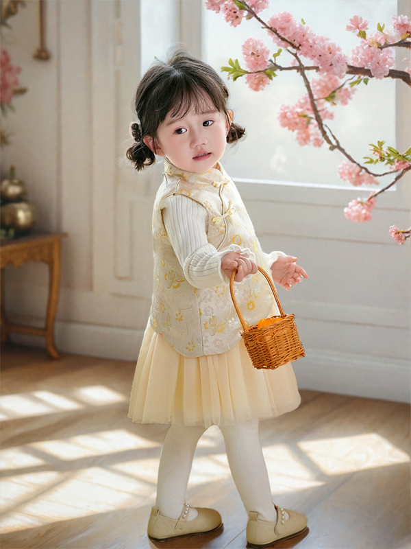 Φόρεμα κοριτσιών σε κινεζικό στιλ χωρίς μανίκια, σατέν ύφασμα, Α-γραμμή φούστα, μοτίβο με γράμματα και πουά, επένδυση 100% βαμβάκι