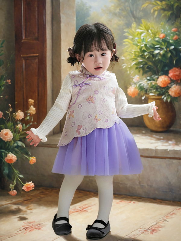 Φόρεμα κοριτσιών σε κινεζικό στιλ χωρίς μανίκια, σατέν ύφασμα, Α-γραμμή φούστα, μοτίβο με γράμματα και πουά, επένδυση 100% βαμβάκι