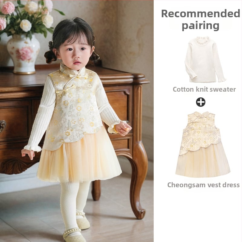 Φόρεμα κοριτσιών σε κινεζικό στιλ χωρίς μανίκια, σατέν ύφασμα, Α-γραμμή φούστα, μοτίβο με γράμματα και πουά, επένδυση 100% βαμβάκι