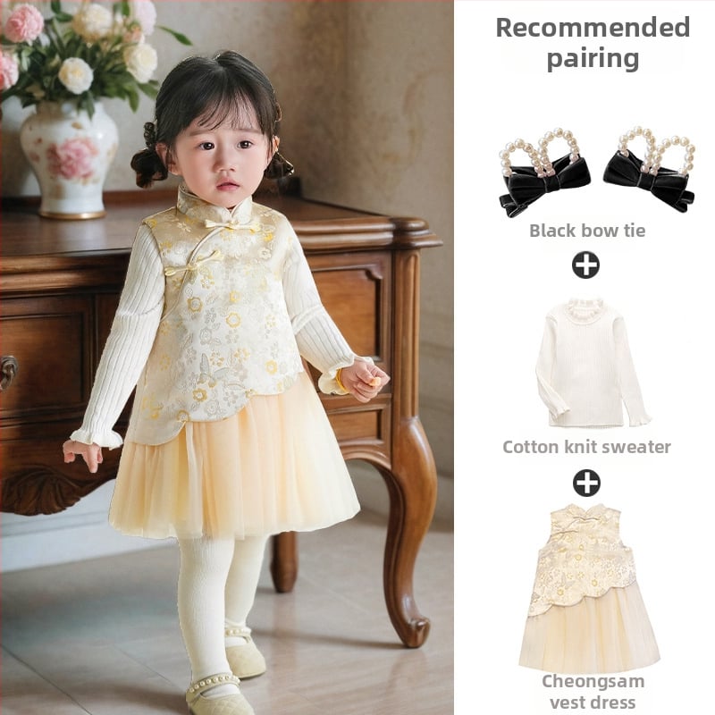 Φόρεμα κοριτσιών σε κινεζικό στιλ χωρίς μανίκια, σατέν ύφασμα, Α-γραμμή φούστα, μοτίβο με γράμματα και πουά, επένδυση 100% βαμβάκι