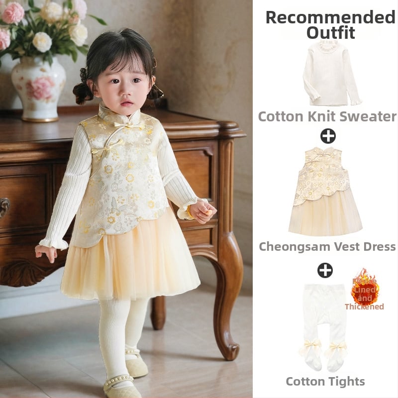 Φόρεμα κοριτσιών σε κινεζικό στιλ χωρίς μανίκια, σατέν ύφασμα, Α-γραμμή φούστα, μοτίβο με γράμματα και πουά, επένδυση 100% βαμβάκι