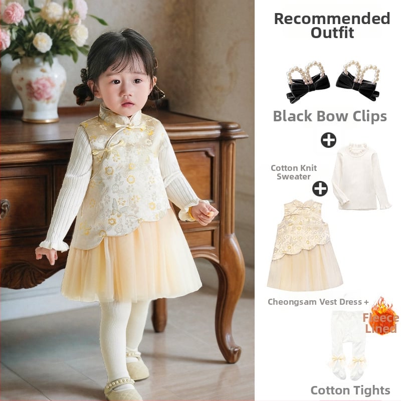 Φόρεμα κοριτσιών σε κινεζικό στιλ χωρίς μανίκια, σατέν ύφασμα, Α-γραμμή φούστα, μοτίβο με γράμματα και πουά, επένδυση 100% βαμβάκι