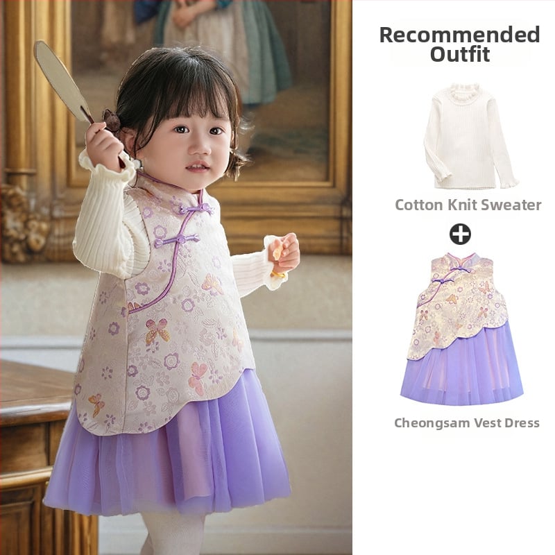 Φόρεμα κοριτσιών σε κινεζικό στιλ χωρίς μανίκια, σατέν ύφασμα, Α-γραμμή φούστα, μοτίβο με γράμματα και πουά, επένδυση 100% βαμβάκι